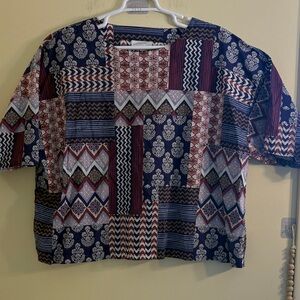 PureJill Womens Patchwork Print Short Sleeve Blouse - Blue/Red Size 2XL